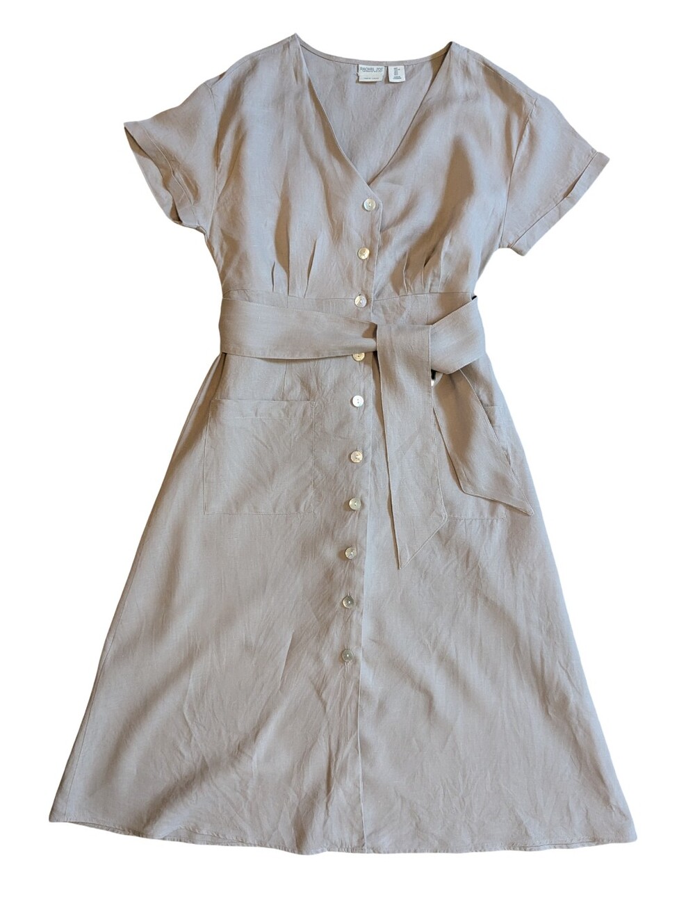 Rachel Zoe 100% Linen Shirt Dress Beige Midi V-neck Cap Sleeve A-Line L
